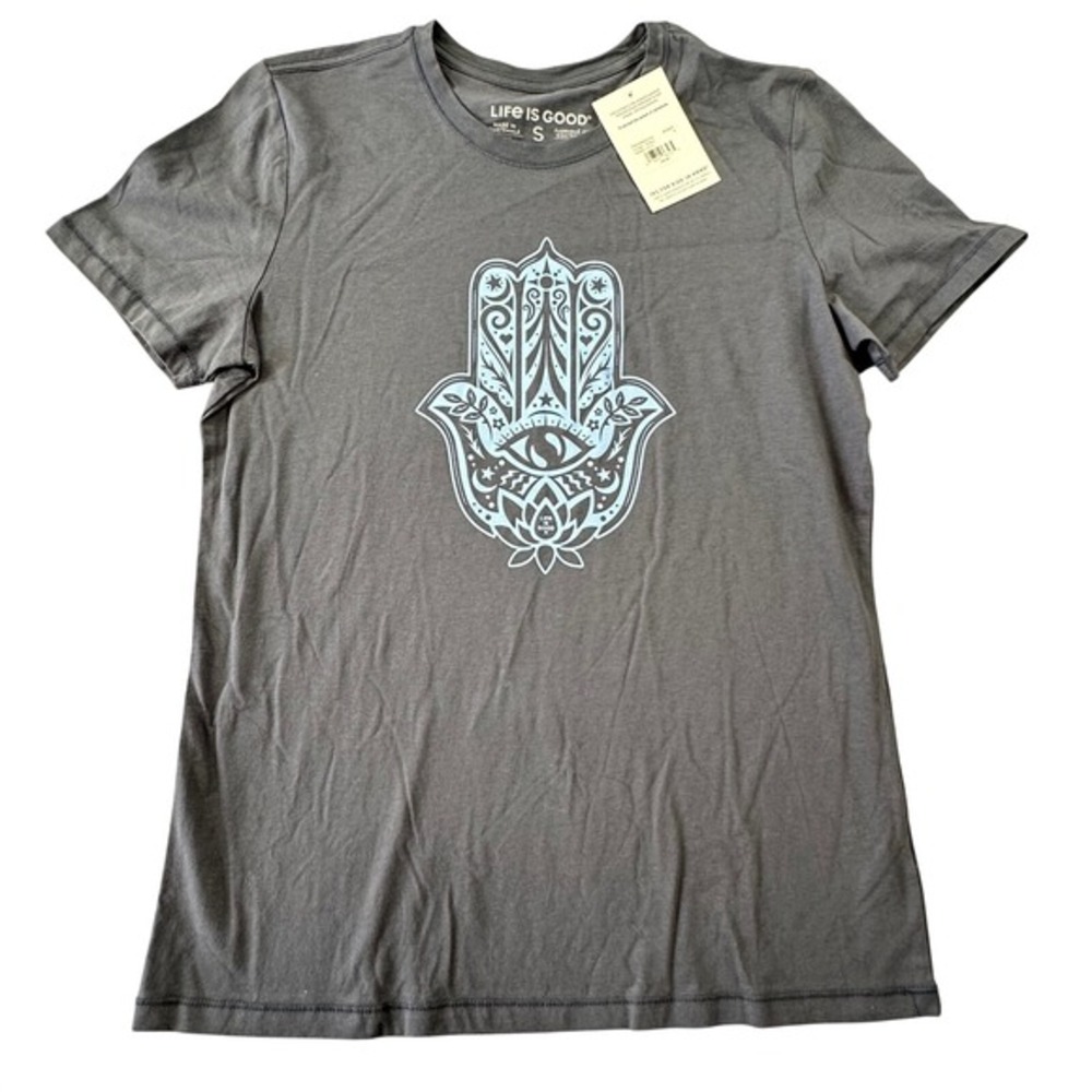 Life is Good Casual Hamsa Lotus Graphic Tee Dusty‎ Blue Gray Cotton Shirt NWT